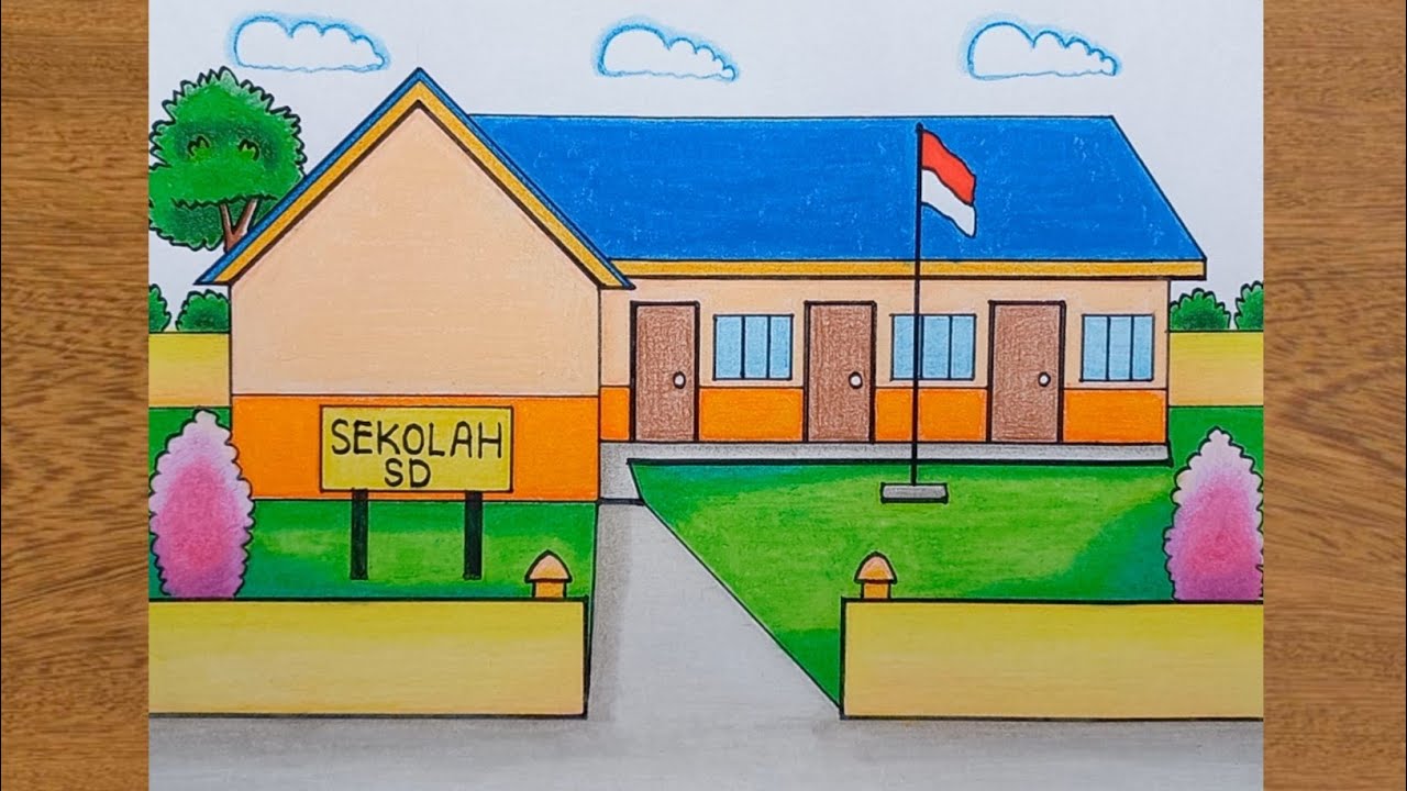 Cara Menggambar Sekolah yang cantik Dan Mudah || Menggambar Sekolah SD