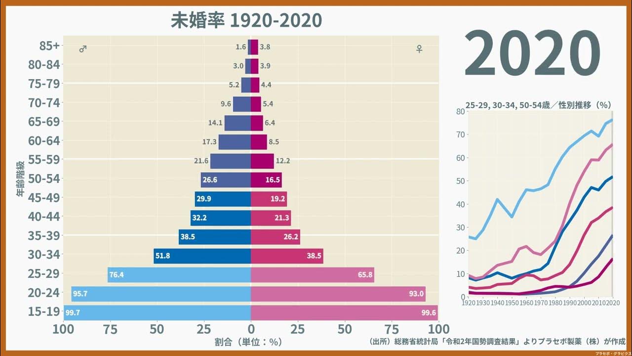 性・年齢階級別にみた未婚率と100年推移(19202020)/令和2年国勢調査 YouTube
