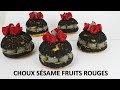 recette CHOUX SÉSAME FRUITS ROUGE, ganache montée sésame, insert fruits rouges