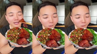 ASMR MUKBANG| eating show, roasted pork, noodles, fried vegetable, rice, chicken leg sauce, yummy!