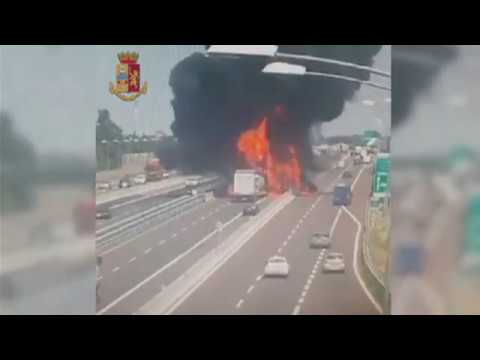 Tanker truck fireball engulfs road near Bologna