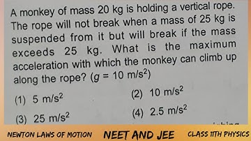A monkey of mass 20 kg is holding a vertical rope.  The rope will not break when a mass of 25 kg is
