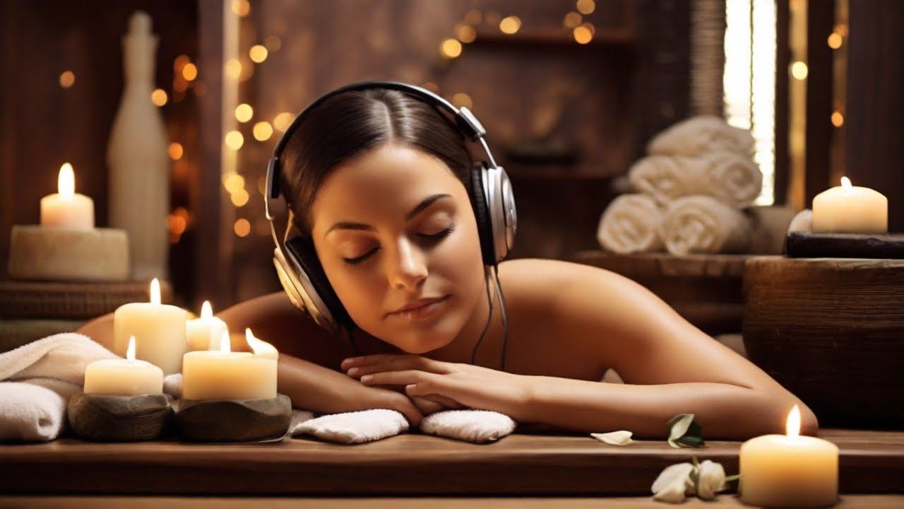 Una relajante escena de spa con velas, música relajante y personas que  disfrutan de la relajación y el cuidado personal.