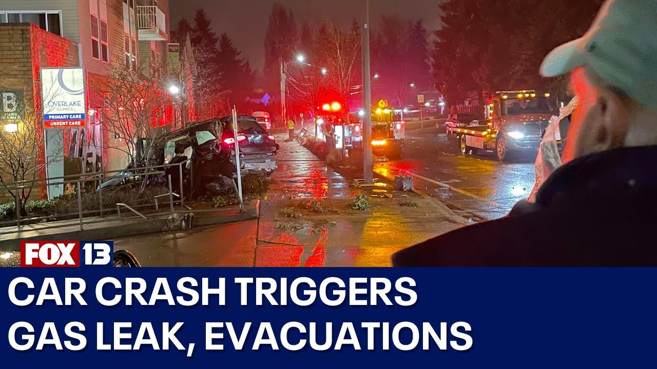 Car crashes into building, causes gas leak in Bellevue - YouTube