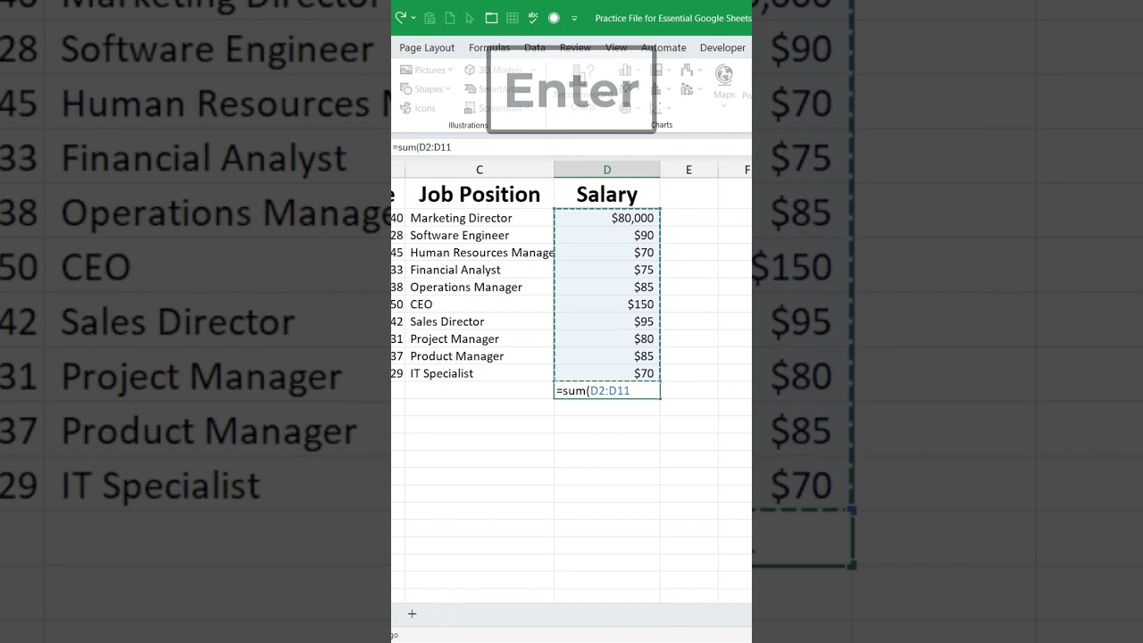 Adding Values in Excel with the SUM Function #shorts #exceltips #microsoft