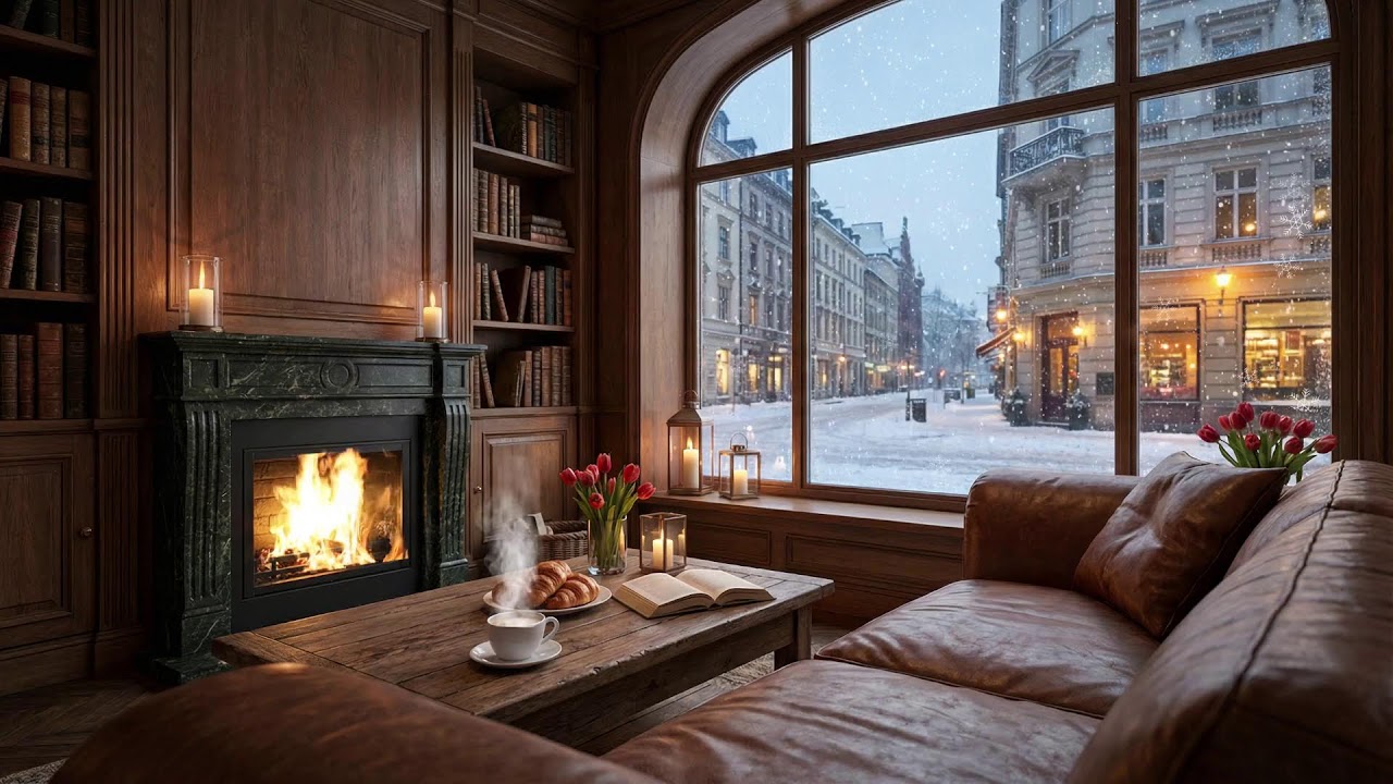 Cozy Winter Library Café ❄️ Fireplace & Snowfall Ambience | Relaxing Jazz for Study, Work & Sleep