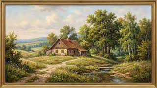 Rustic Hilltop Farmhouse & Stream Oil Painting in Gold Frame — 4K 8 Hour Screensaver for TV screenshot 2
