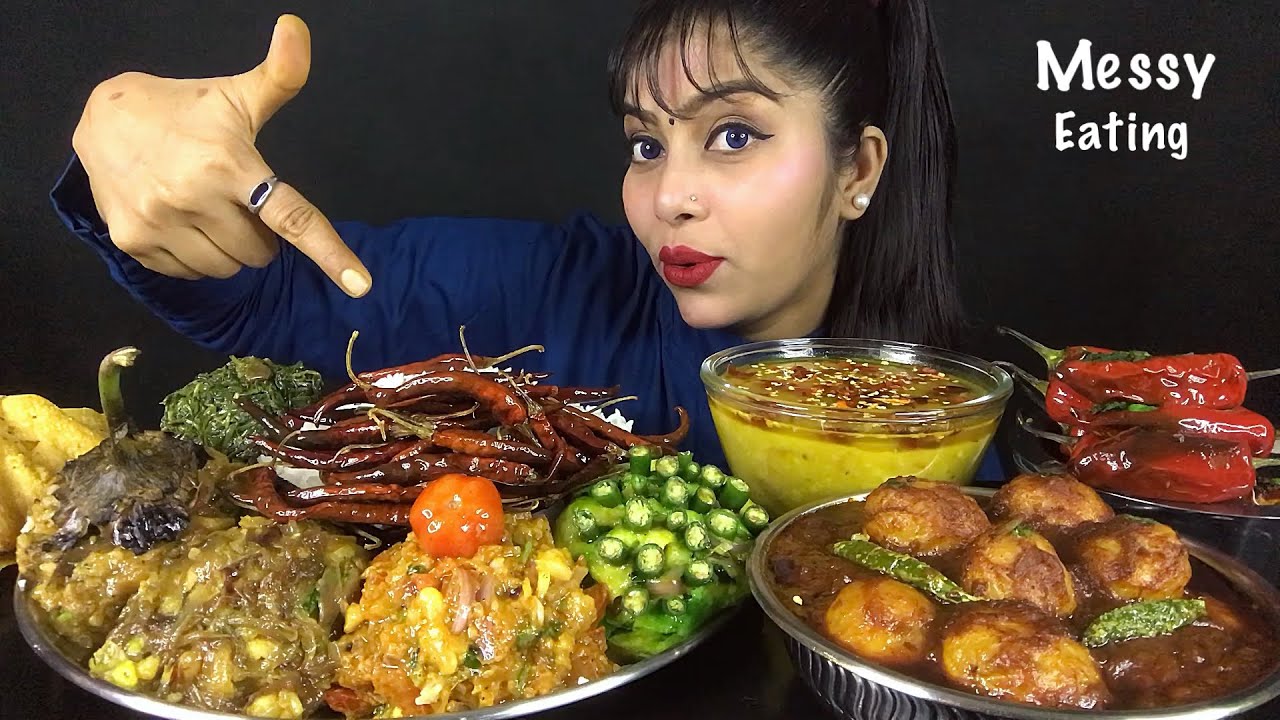 EATING 4 TYPES OF BHARTA SPICY DAL RICE SAAG DUM ALOO | MASSIVE EATING SHOW | BIG BITES MUKBANG ASMR