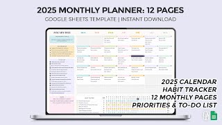 2025 Monthly Planner: 12 Pages - Habit Tracker - Priorities & To Do List - Google Sheets Template