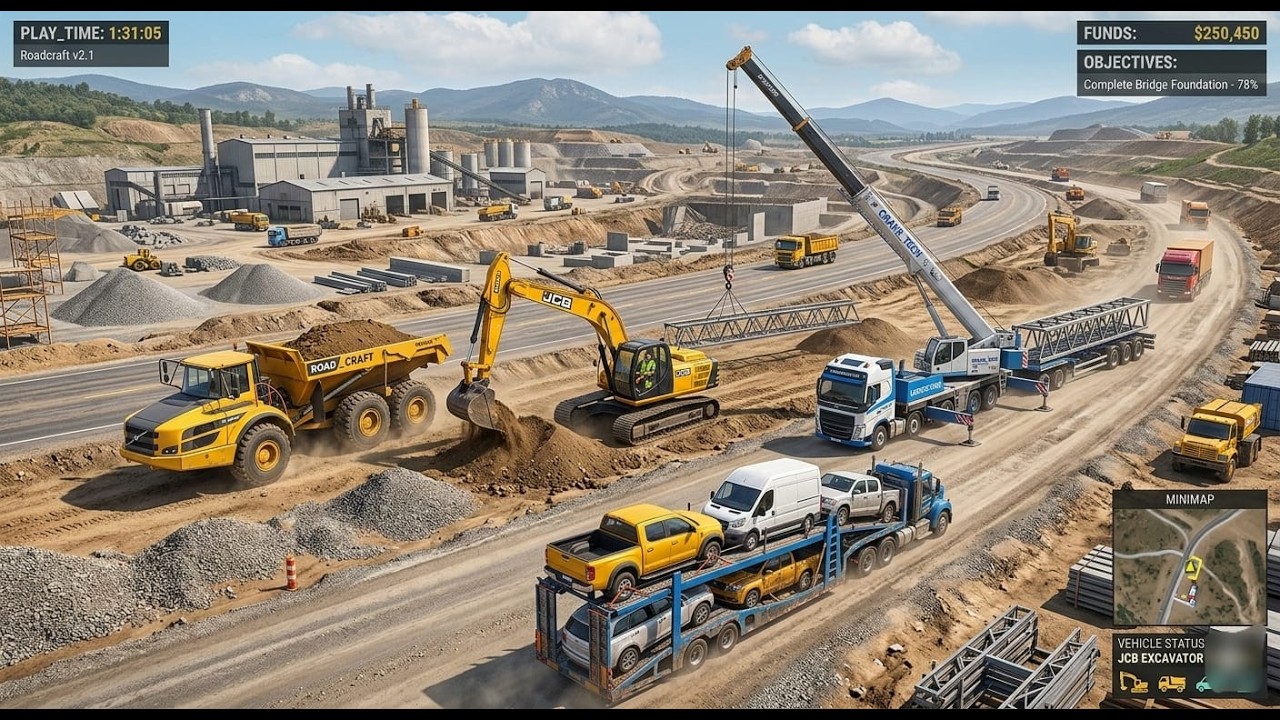 RoadCraft Gameplay: Operating 40+ Machines! (Dump Trucks, Cranes & Transporters)