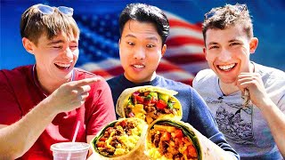 Brits try Breakfast Burritos for the first time! ft. Joon Lee
