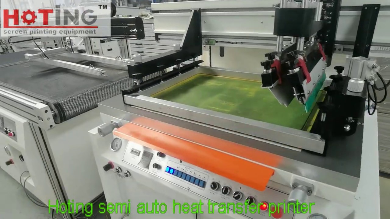 Semi auto heat transfer, PET film screen printing machine with robot