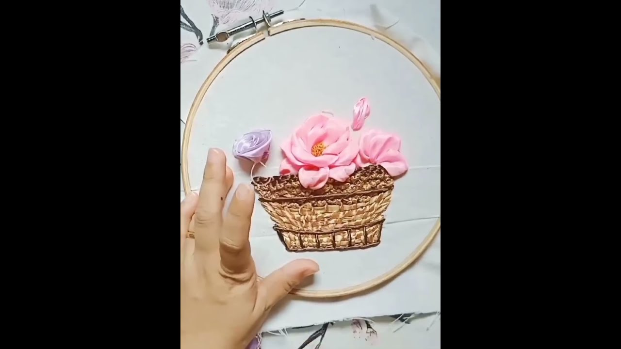 Ribbon Embroidery Design - Flowers in Unique Basket
