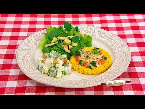 Tartaletas de maíz y vegetales /  Ensalada de papa y manzana / Ensalada verde con pollo