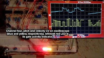 Arduino MIDI to CV Control Voltage Converter on Breadboard, 4 Channels with Note, Velocity and Gate