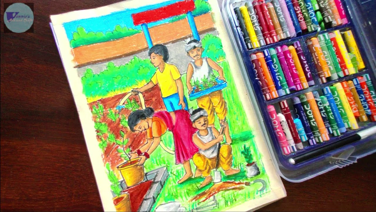 Tree plantation memory drawing colouring in oil pastels | Step by ...