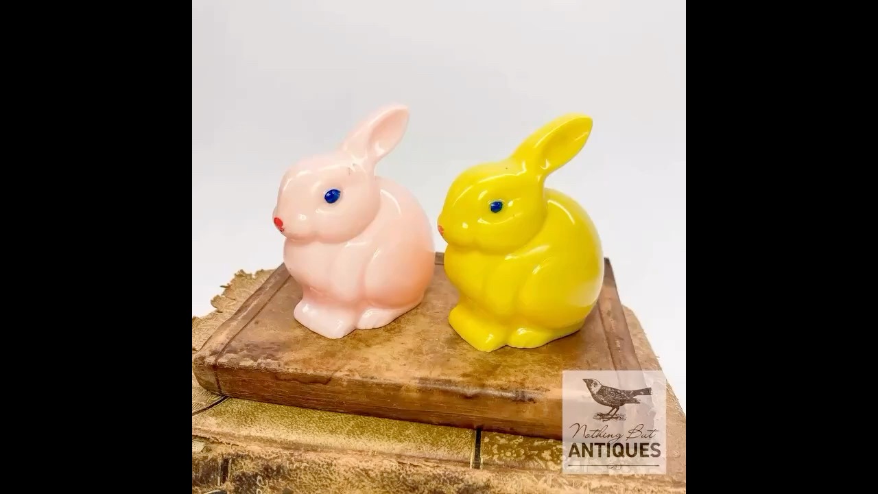 Vintage Easter Knickerbocker Bunny Plastic Rattles, Pink & Yellow