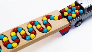 Marble Run Race ☆ HABA Slope &amp; Retro Makita Truck, Excavator, Garbage Truck, Dump Truck,