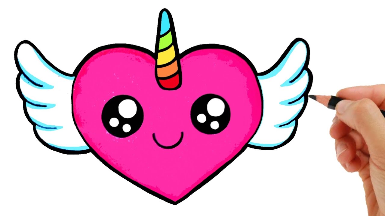 DRAWING AND COLORING A HEART UNICORN KAWAII - YouTube