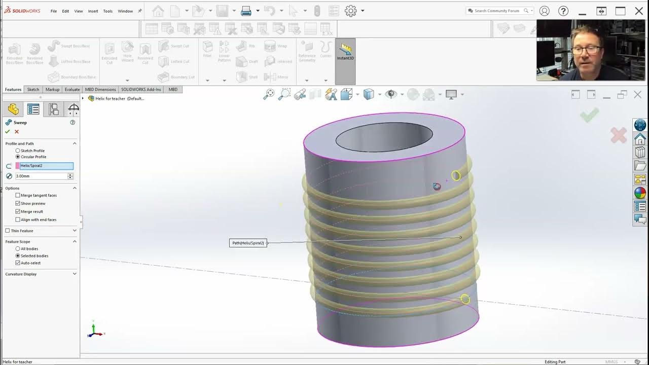 SolidWorks Threads and Helix Coils Helix on Surface (Section 107