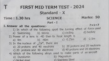 10th Science First mid term test Original Question Paper 2024 |10th Science 1st mid term Exam 2024