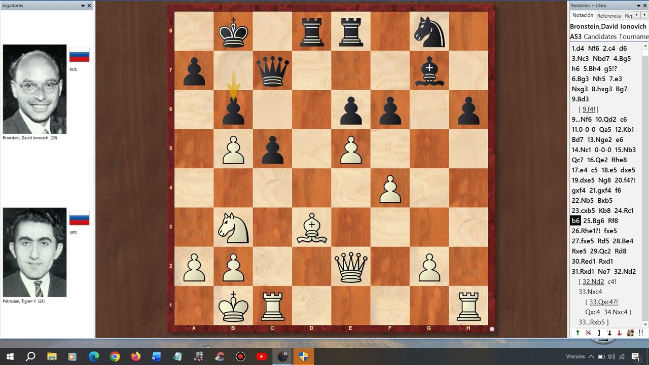 BRONSTEIN - PETROSIAN. TORNEO DE CANDIDATOS; ZÙRICH 1953. RONDA 18. DEFENSA INDIA ANTIGUA.