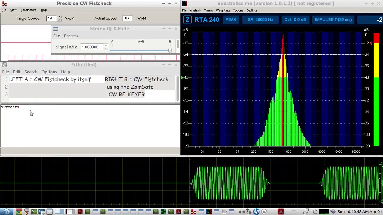 brief demo of advantages of using the ZamGate CW RE-KEYER with the PRECISION CW Fistcheck program