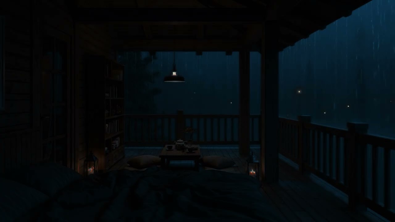 Heavy Night Rain on the Wooden Porch 🌧️🏡  Cozy Lantern Glow & Deep Sleep Ambience (No Ads)