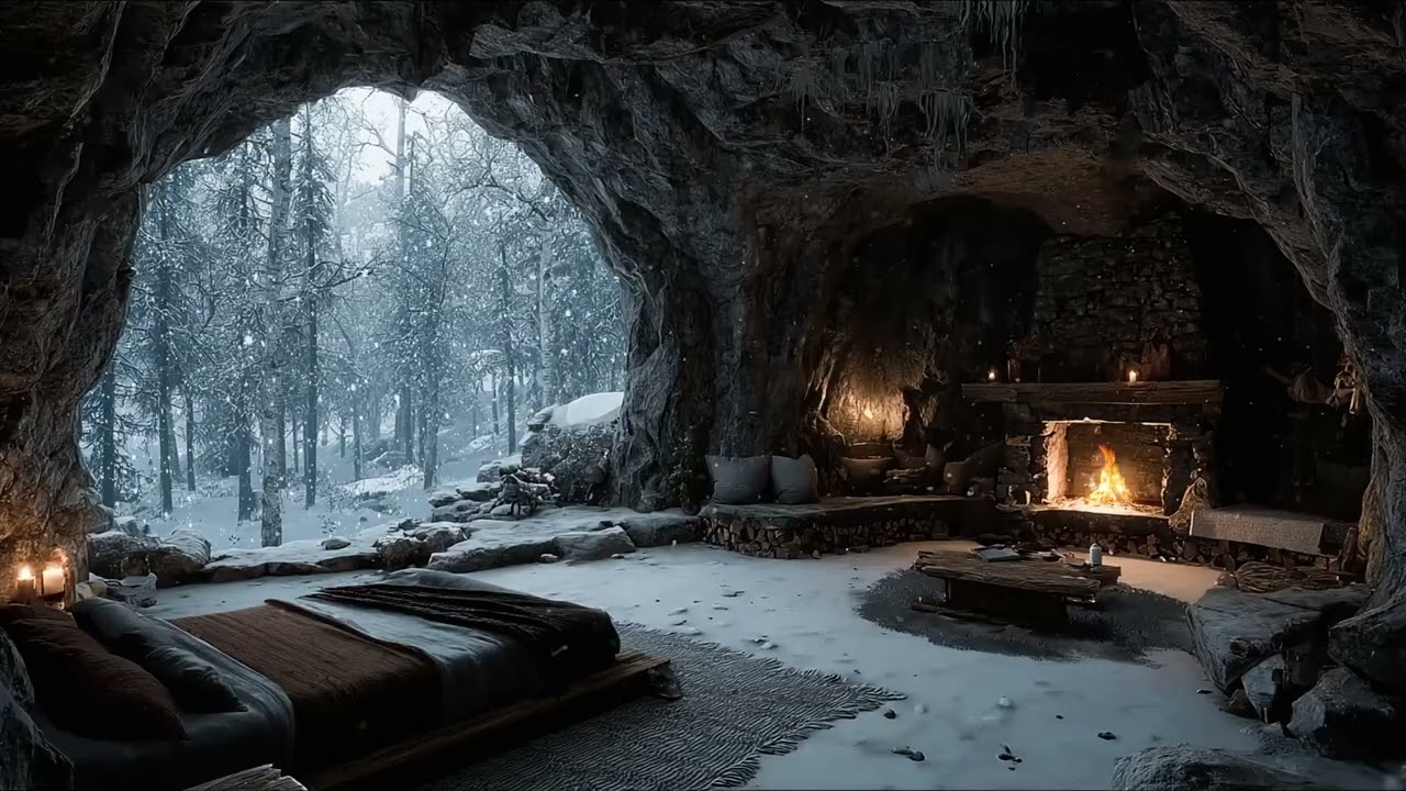 Hidden Winter Cave Retreat 🌨️ Snowfall, Crackling Fireplace & Cozy Mountain Ambience