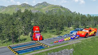 Big  Small Mcqueen  Police Car Vs Zombie Mack Giant Water Pit  Speed Bumps Downhill Racebeamng