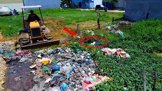 Cleaning Cause!! Skills Dozer Pour Grass to Clear Land and Delete Pond Garbage with dump truck