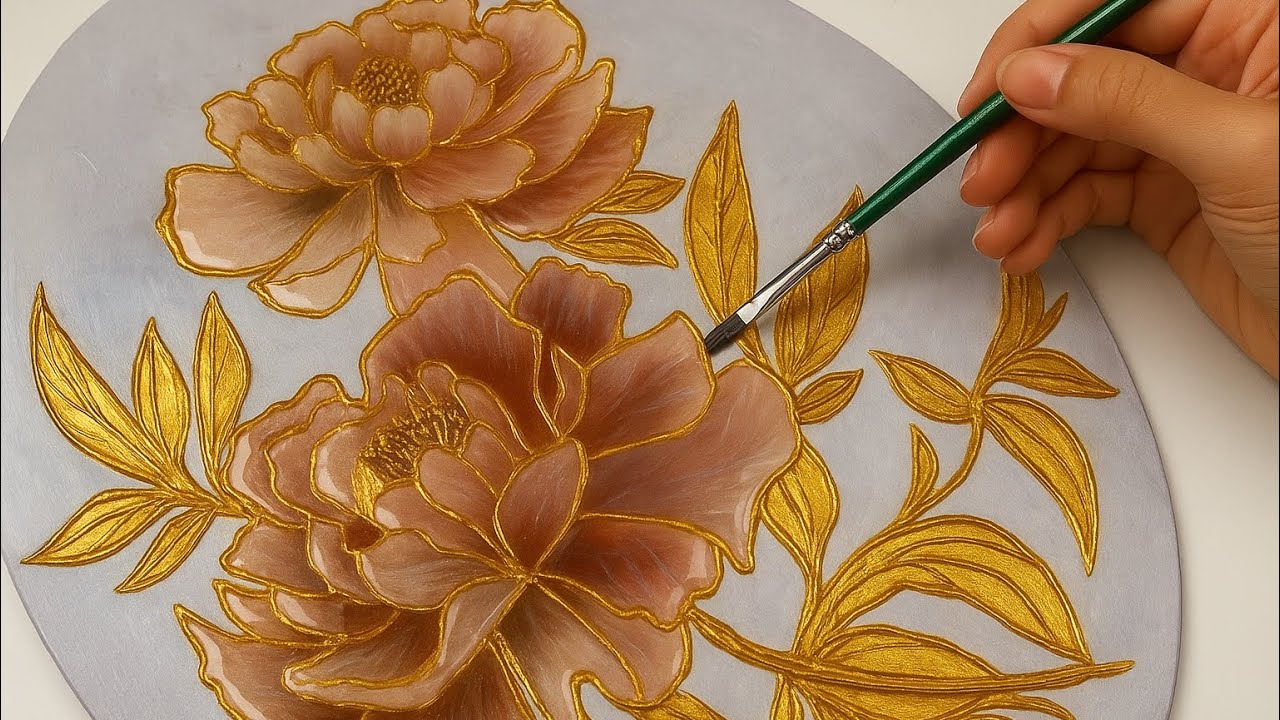 How to Paint a 3D Textured Floral with Gold Leaf + Resin | Step-by-Step Tutorial