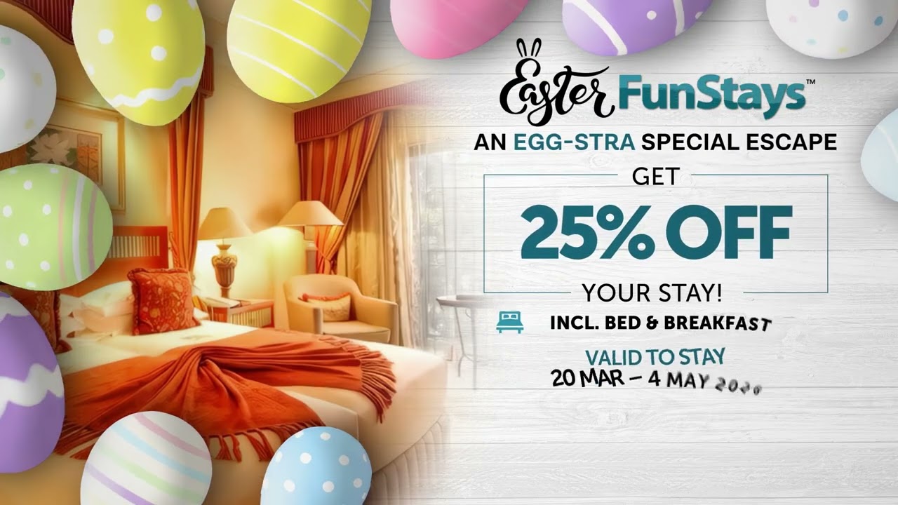 The March to May Easter break has 4 Long Weekends, 4 Public Holidays and an endless chance of fun at 11 Peermont Hotels.

Book an Easter Funstay now and get 25% off
Incl. bed & Breakfast
Stay from 20 March - 4 May 2026

Book now at https://www.peermont.com/accommodation-specials/
Ts & Cs apply | Online bookings only.