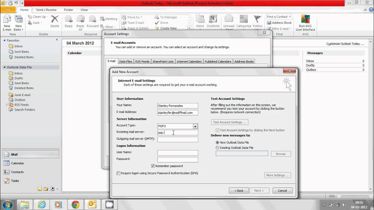 How To Configure Rediffmail For Microsoft Outlook Youtube