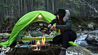 Solo wild Camping \& Fire Cooking near the mountain river | ASMR outdoor overnight trip