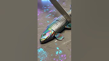 Iridescent titanium shaped like a koi fish sliced with a sharp knife