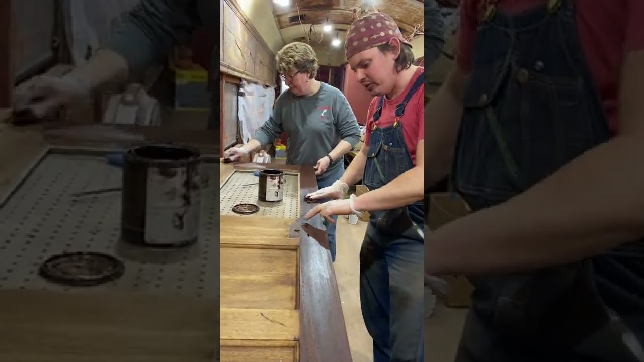 Staining a century-old interurban train door