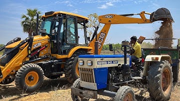 Jcb 3dx backhoe loader loading mud in swaraj 843 XM tractor and mahindra yuvo tractor trolley | JCB
