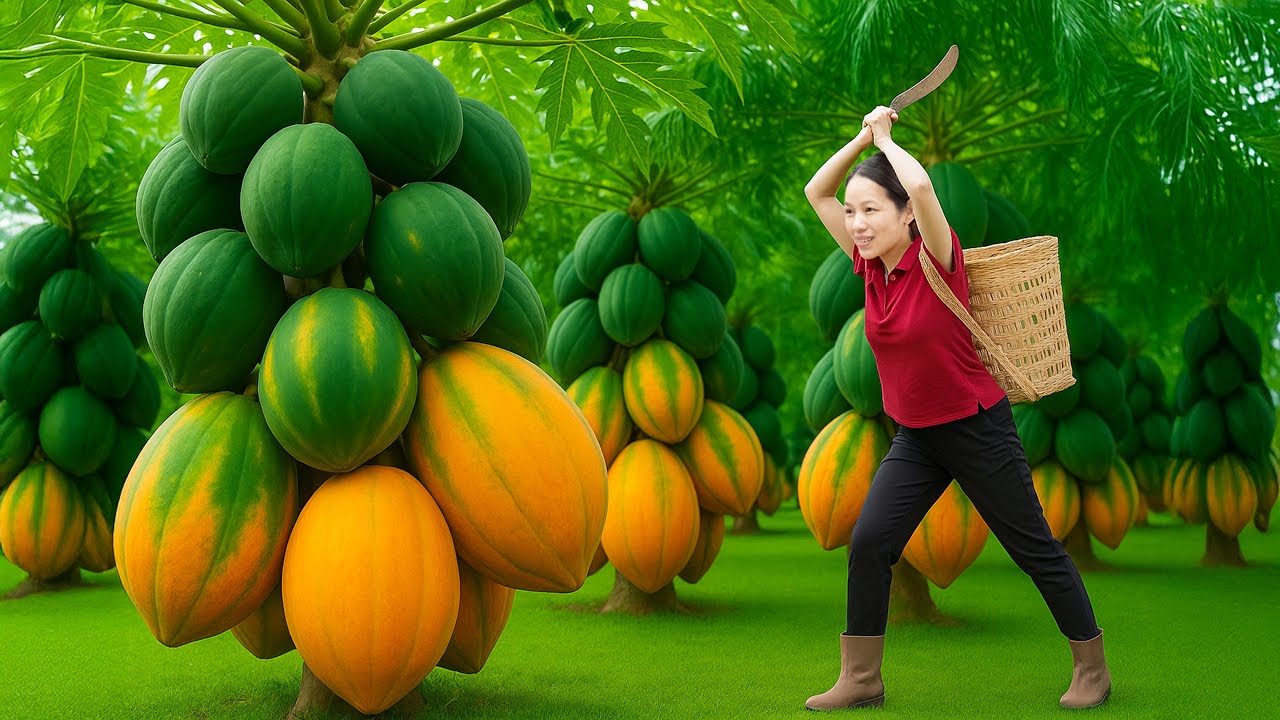 Harvesting Giant Ripe Papayas in the Tropical Forest | Sweet Golden Fruits Ready for Market Sale