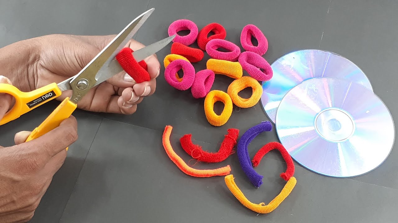 Waste cd disc Crafting with Hair rubber bands | best out of waste | Home decorating