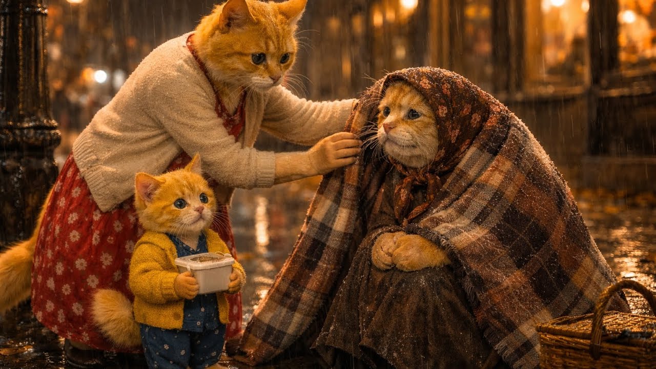 Mother Cat and Her Kitten Save a Lonely Cat in the Rain | Emotional Cat Story