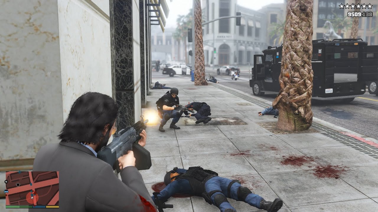 GTA 5 [R.D.E. 4.0.4] - Epic 10 Star Wanted Level Police Shootout - YouTube