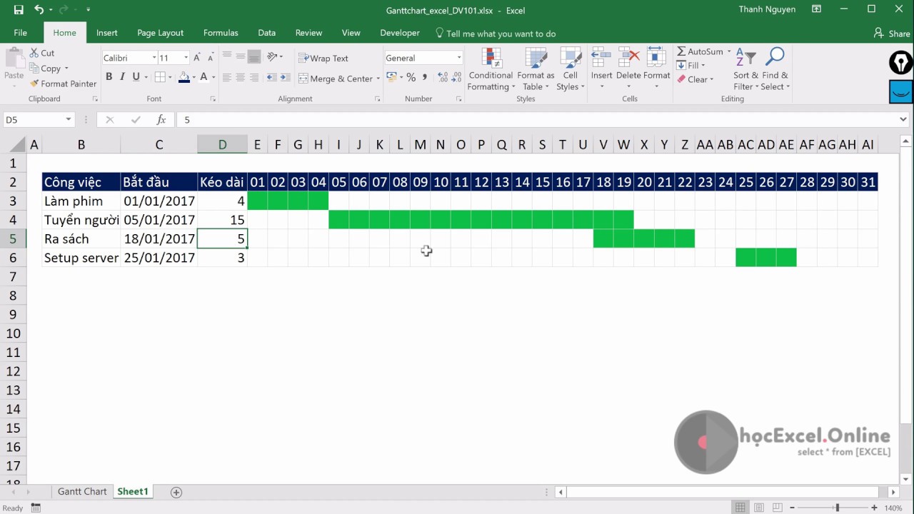 Hướng dẫn Tạo Gantt Chart tiến độ công việc quản lý dự án trong Excel