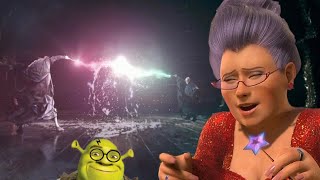 Dumbledore vs Voldemort but with “I need a hero” song in the background from Shrek 2