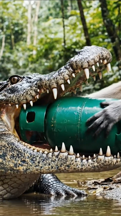 Crazy idea of ​​monkey putting gas cylinder into crocodile mouth😱😱#wildlife #animals #fypshorts