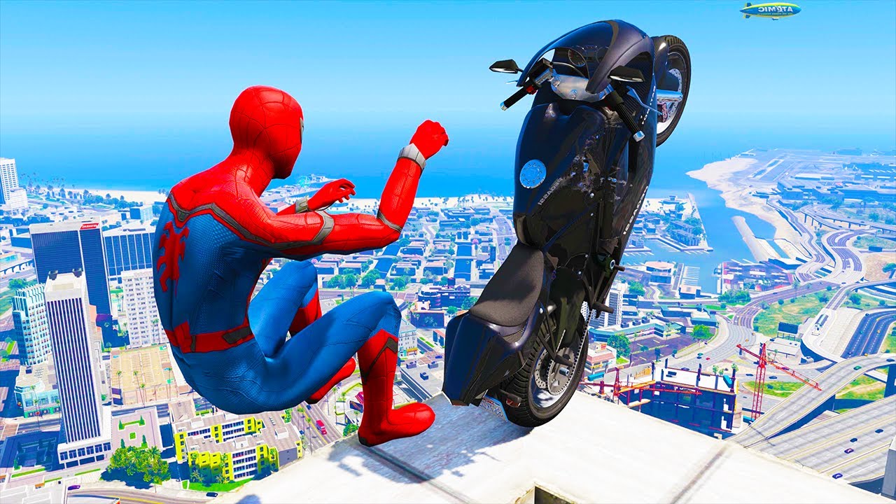 GTA 5 Spiderman Motorcycle Stunts #11 - Spider-Man Jumps & Fails, Gameplay