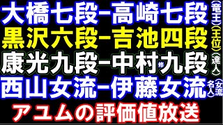 大橋七段ｰ高崎七段(竜王戦4組)、黒沢六段ｰ吉池四段(王位)　佐藤康九段ｰ中村九段(達人）　西山女流ｰ伊藤女流(女流名人）　アユムの評価値放送