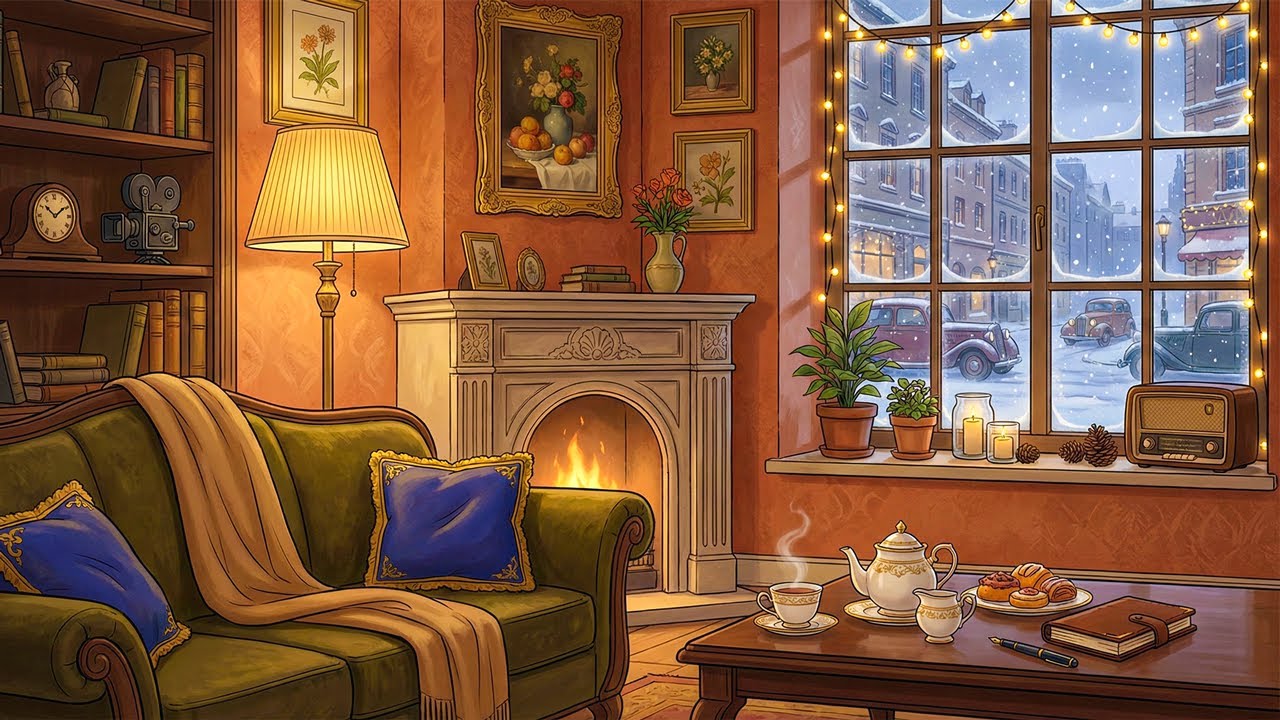 1950's cozy morning in Paris with oldies playing in another room for relaxation and it's snowing