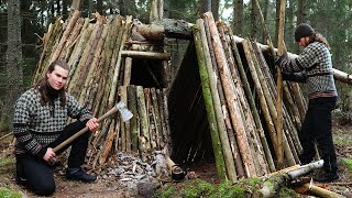 Building a PRIMITIVE Bushcraft Log Cabin  Fireplace Inside  Cozy WinterWarm Shelter