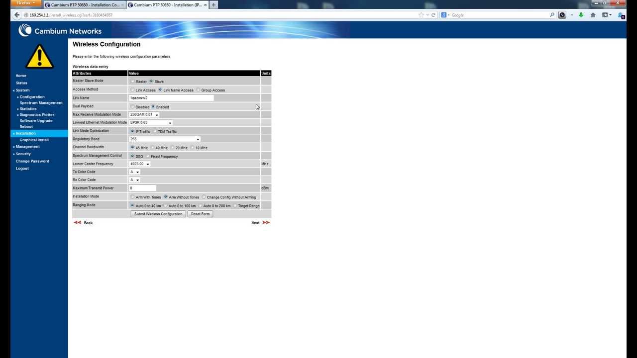 Cambium Networks PTP650 configurazione da interfaccia web